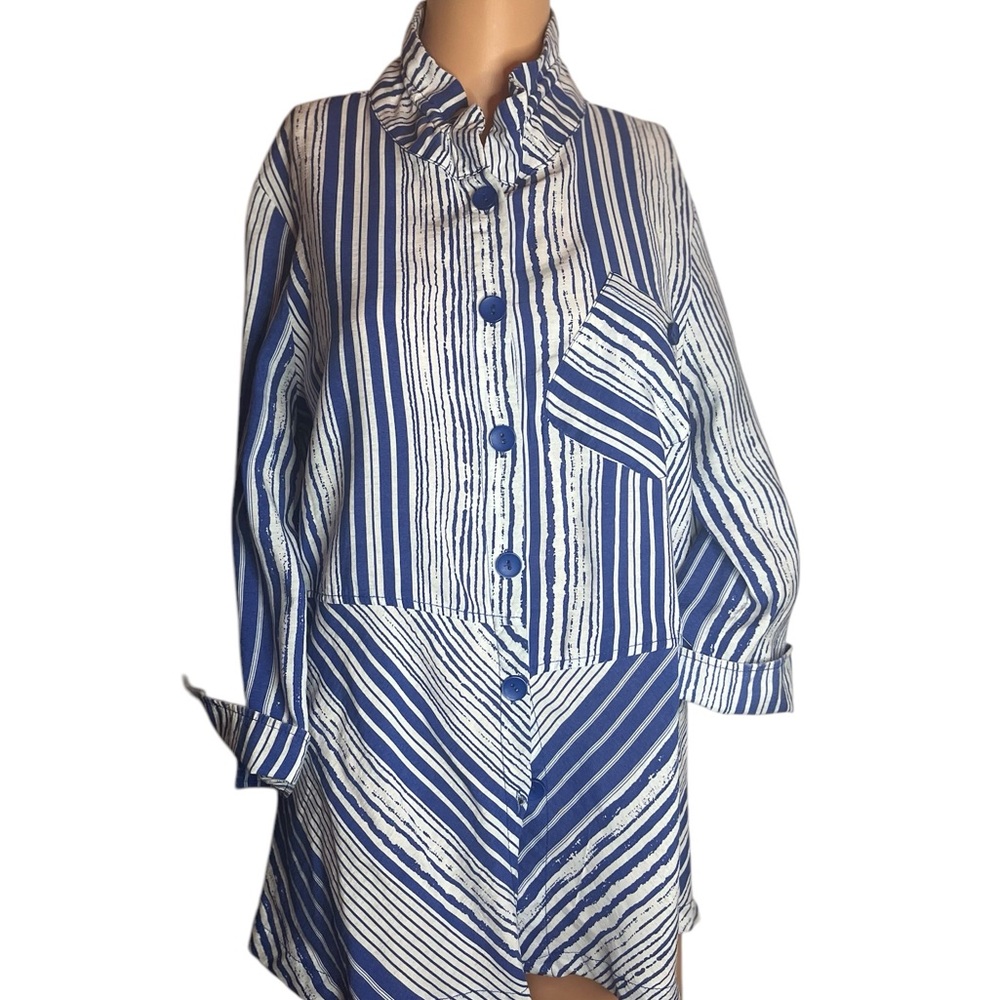 Peck& Peck Topper women Blue/White Striped 3/4 Sleeve Button down light Jacket L